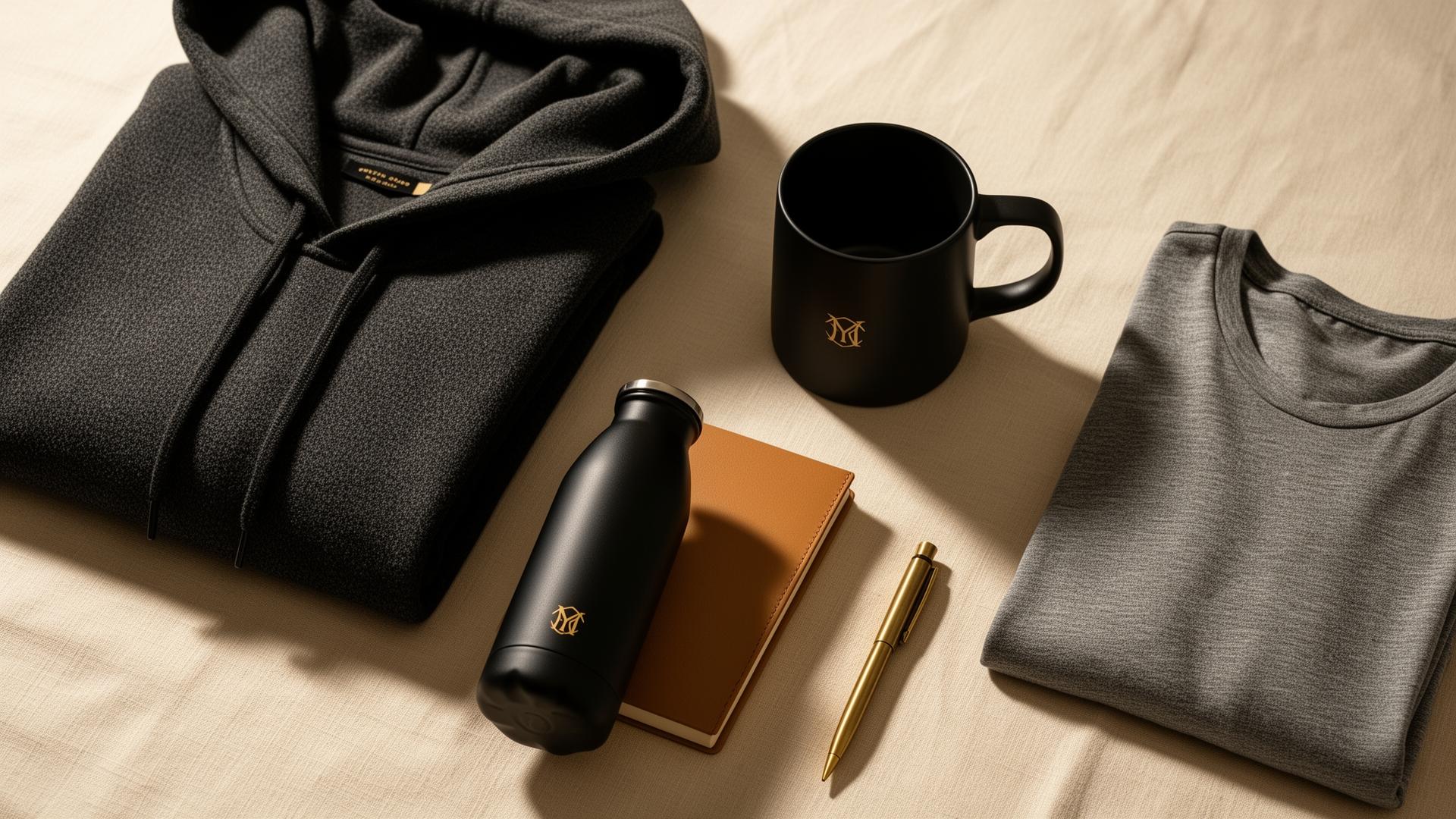 Premium corporate branded merchandise flat lay